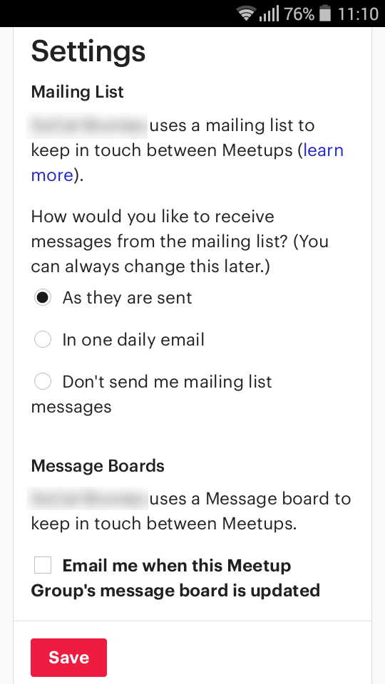 Meetup group settings on mobile website