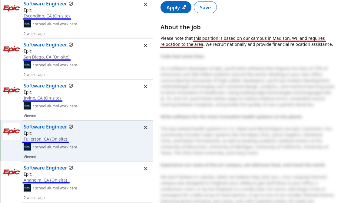 Job listings for Software Engineer at Epic, with locations listed as various cities in California. One listing is selected, and the job description states, "Please note that this position is based on our campus in Madison, WI, and requires location to the area. We recruit nationally and provide financial relocation assistance."