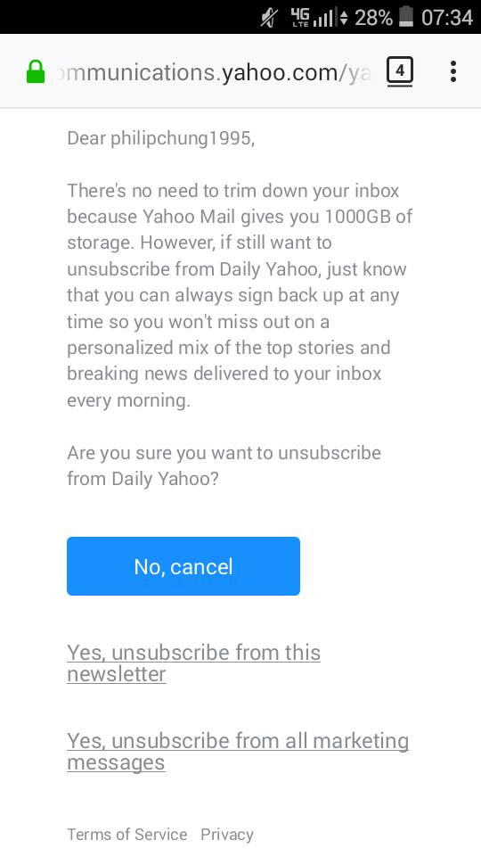 Confirmation message before unsubscribing from the Daily Yahoo newsletter