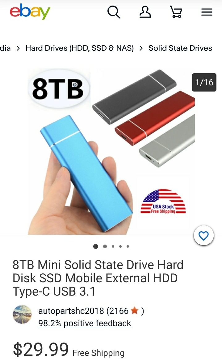 eBay listing for 8TB Mini Solid State Drive Hard Disk SSD Mobile External HDD Type-C USB 3.1 for $29.99 with free shipping