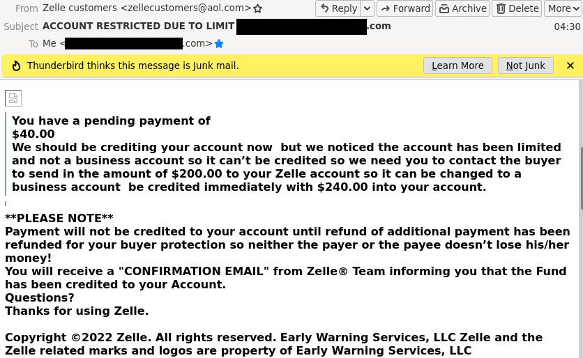 E-mail notification claiming to be from Zelle