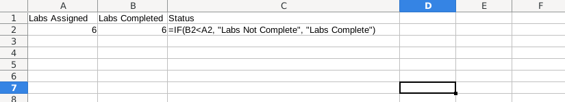 Spreadsheet with two rows and three columns. First column contains the text "Labs Assigned" followed by the number 6. Second column contains the text "Labs Completed" followed by the number 6. Third row contains the text "Status" followed by the formula '=IF(B2<A2, "Labs Not Complete", "Labs Complete")''