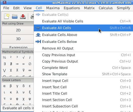 wxMaxima window with the "Cell" menu open and the "Evaluate All Cells" option highlighted