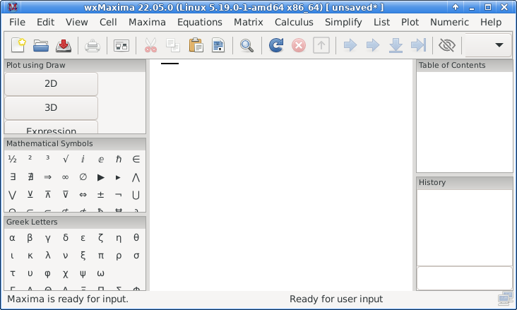 wxMaxima window with a blank space in the center and different sections on both sides. Near the top of the blank space is a short horizontal line.