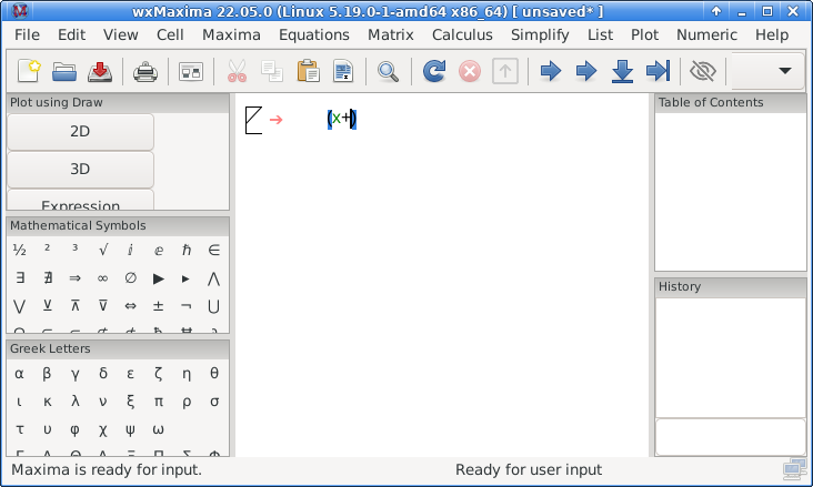wxMaxima window with text and a cursor in the center space