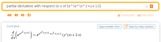 Wolfram Alpha with the given input and result containing the formula for the derivative of the given function in terms of x, y, and y'(x)