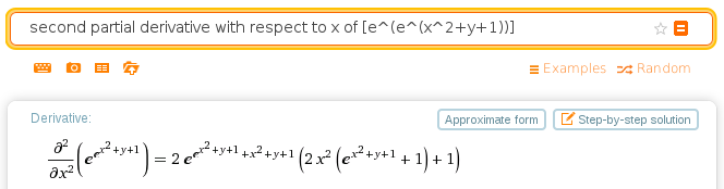Wolfram Alpha with the given input and result containing the formula for the second partial derivative with respect to x of the given function in terms of x and y