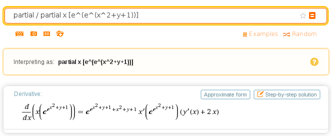 Wolfram Alpha with the given input. A notice below the input reads "Interpreting as: partial x [e^(e^(x^2+y+1))]". The result below the notice contains the formula for the derivative of a different function from the one in the input.