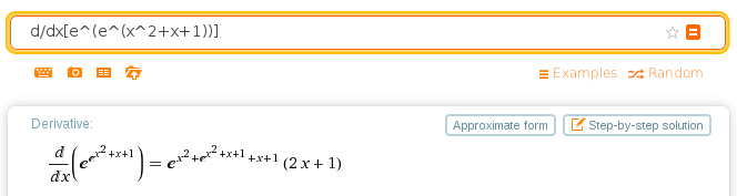 Wolfram Alpha with the given input and result containing the formula for the derivative of the given function