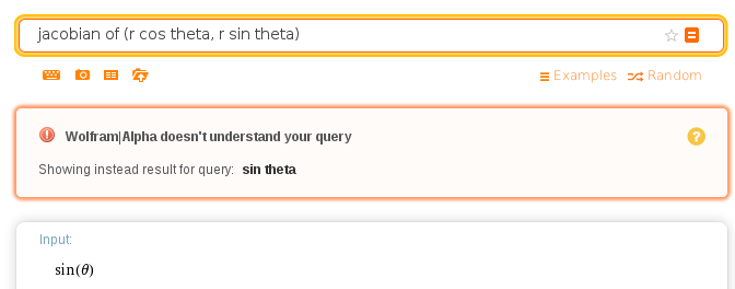Wolfram Alpha with the given input. A notice below the input box reads "Wolfram|Alpha doesn't understand your query. Showing instead result for query: sin theta". The result below the notice reads "Input: sin(θ)" with remaining contents not shown.