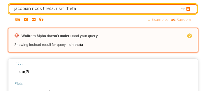 Wolfram Alpha with the given input. A notice below the input reads "Wolfram|Alpha doesn't understand your query. Showing instead result for query: sin theta". The result below the notice reads "Input: sin(θ)" followed by "Plots:" with remaining contents not shown.